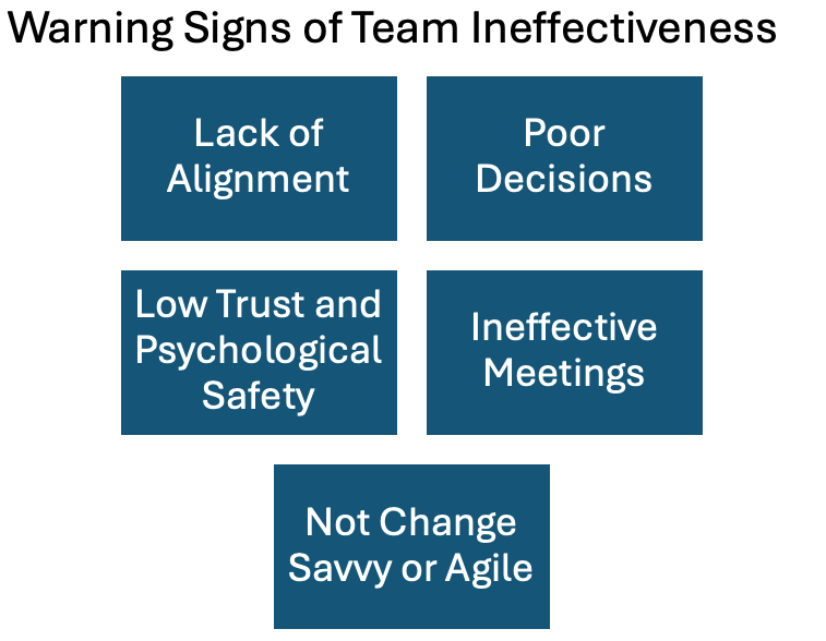 Infographic titled "Warning Signs of Team Ineffectiveness".