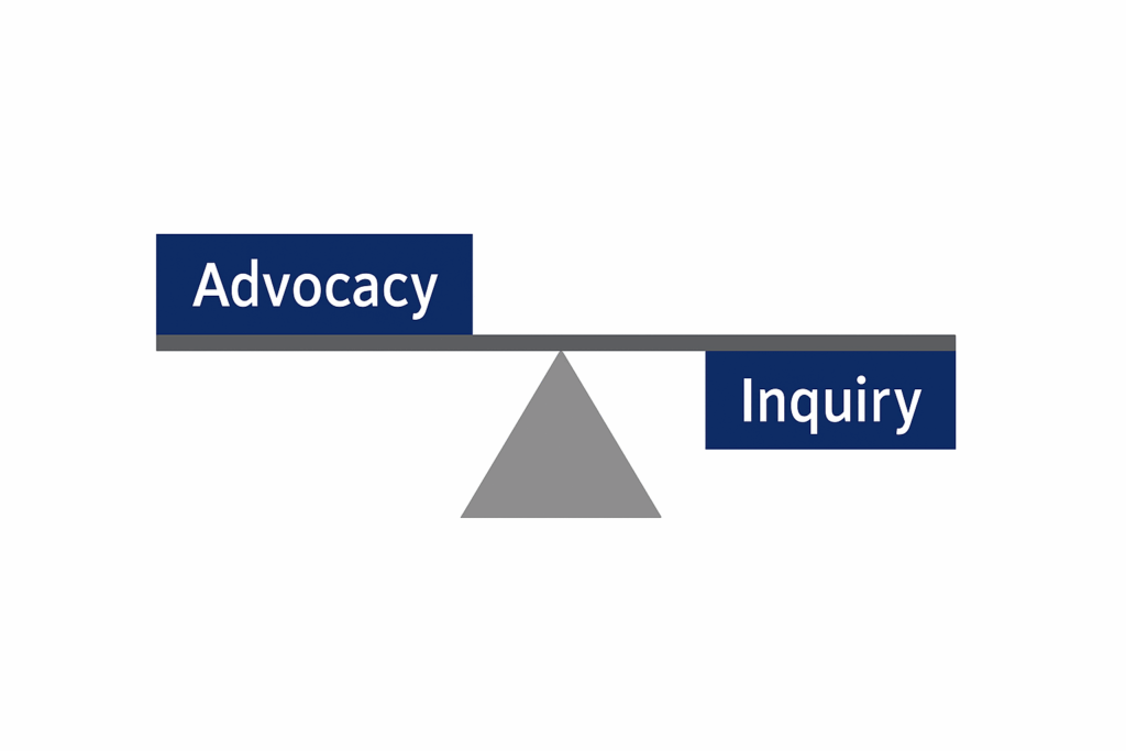 Simple graphic of a balance scale showing “Advocacy” outweighing “Inquiry,” representing the communication imbalance in AI responses.