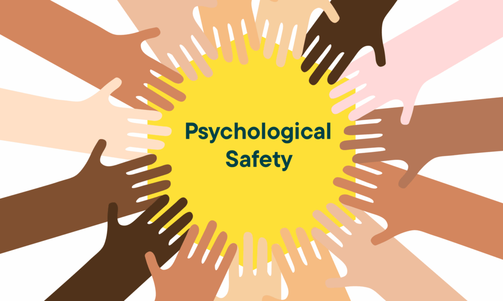 Team members locking hands sharing ideas in a supportive and open environment, representing psychological safety and trust