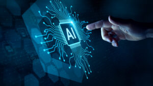 Close-up of an AI chip with a human finger pointing at it, symbolizing human guidance and the limits of AI lateral thinking.