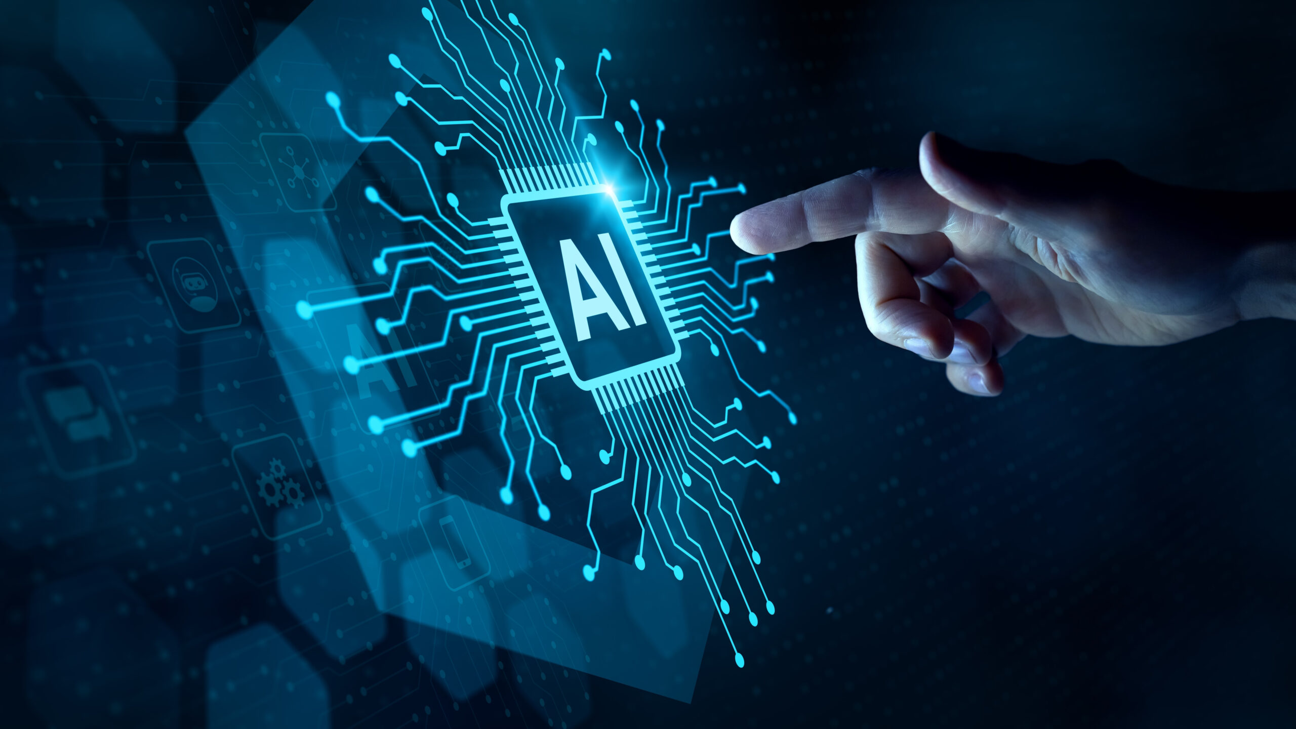 Close-up of an AI chip with a human finger pointing at it, symbolizing human guidance and the limits of AI lateral thinking.