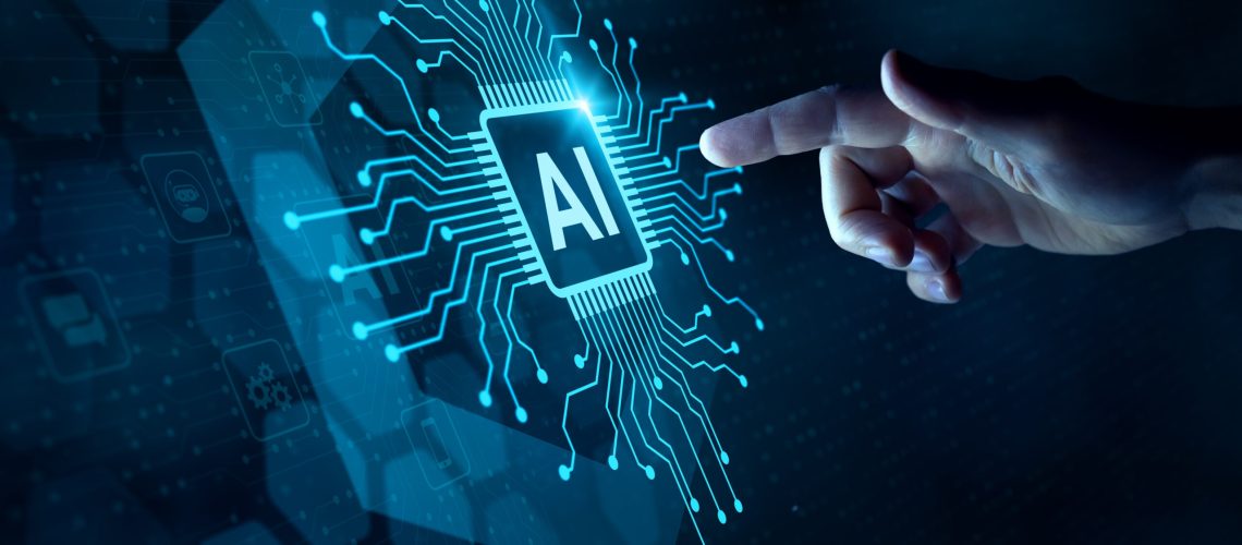 Close-up of an AI chip with a human finger pointing at it, symbolizing human guidance and the limits of AI lateral thinking.